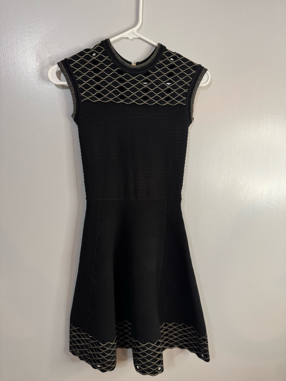 Ted Baker London Black Knit Mini Dress with Gold Lattice Trim Size 0